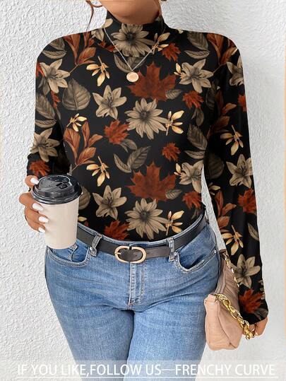 SHEIN Frenchy 休闲百搭简约秋冬汗衫，复古枫叶、落叶、豹纹图案，加大码高领衫，适合秋冬