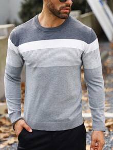 Manfinity Homme Plus Size Men Striped Crew Neck Long Sleeve Casual Sweater, Autumn/Winter - Grey - View 7