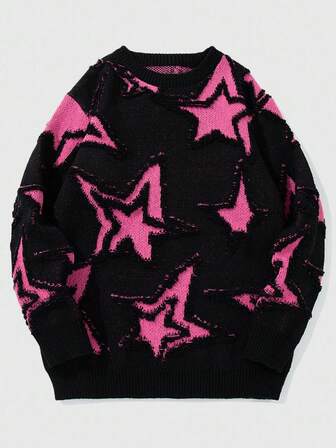Street Life Suéter de cuello redondo de manga larga con estampado de estrellas de pentágono, estilo casual y holgado, para otoño/invierno, estilo grunge
