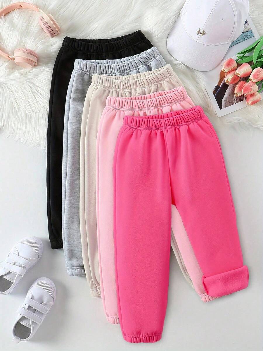 Sparklyn 5条装少女休闲舒适纯色运动裤，秋冬季保暖柔软