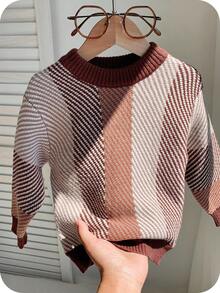 SHEIN Suéter de Tricô de Manga Longa com Gola Careca, Estampa Colorida em Contraste, Macio e Confortável, Adequado para Uso Casual Diário, Interno, Externo, Esportes, Festa, Ensaio Fotográfico, Volta às Aulas, Streetwear, Halloween, Primavera/Verão/Outono/Inverno - Castanho - Visão 1