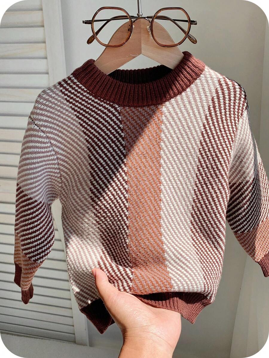 SHEIN Suéter de Tricô de Manga Longa com Gola Careca, Estampa Colorida em Contraste, Macio e Confortável, Adequado para Uso Casual Diário, Interno, Externo, Esportes, Festa, Ensaio Fotográfico, Volta às Aulas, Streetwear, Halloween, Primavera/Verão/Outono/Inverno - Castanho - Visão 1