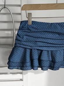 Elamini Falda mini de vacaciones dulce con decoración de lunares y volantes plisados y en capas - Azul - View 5