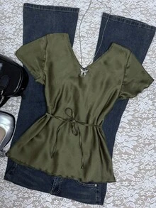 Rina Fox Plus Size Women's Solid Color V-Neck Front Tie Short Sleeve Casual Top