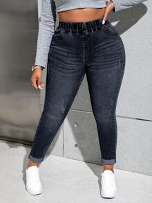 Slaydiva Plus Size Casual Washed High Waist Slim Fit Jeans - Dark Wash - View 5