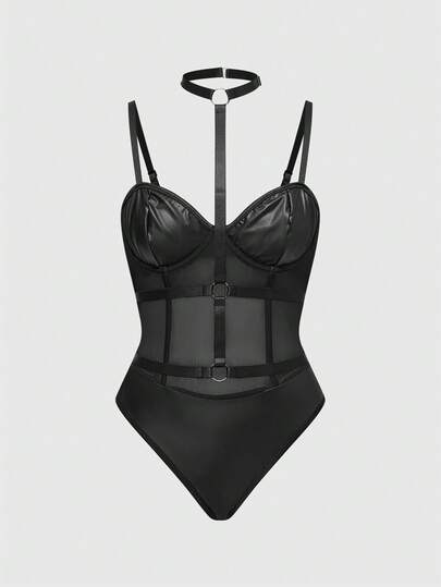 Grunge Punk Dark Punk PU Underwire Mesh Sexy Bodysuit