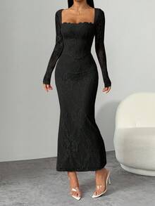 SHEIN PETITE 女式新款夏季派对约会晚会性感S型蕾丝长袖胸罩鱼骨方领紧身黑色长裙 - 黑色 - 查看 7