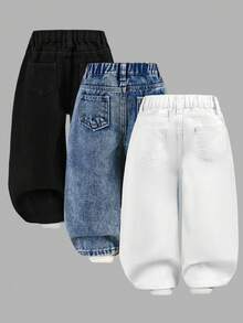 SHEIN Explorewe Conjunto de 3 piezas de jeans cortos con cintura elástica y bolsillos planos de estilo bohemio asimétrico para niñas bebés, artículo de moda diario OOTD, denim básico versátil, conjunto asequible y de gran - Multicolor - Ver 2