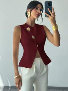 Firerie 女士优雅精致浪漫通勤新款时尚日常金属纽扣腰部 A 字下摆无袖白色衬衫上衣 - 酒紅色 - 查看 5