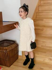 DAZY Girls Plain Apricot Polyester Sleeveless Dress With Round Neck And Zipper Detail For Winter - Apricot - View 4