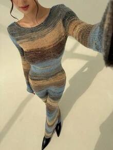 Aloruh 女式新款秋冬百搭复古条纹针织紧身连衣裙，性感露背长袖修身长款针织连衣裙 - 紫色 - 查看 7