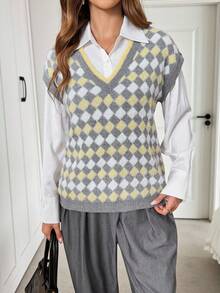 SHEIN LUNE Áo len chui đầu họa tiết kẻ caro cổ điển, màu sắc tương phản, thiết kế cá tính, thời trang thu đông mới cho nữ - Nhiều màu - Xem 5