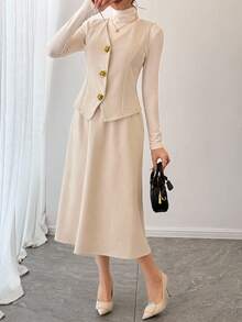 DAZY 女式休闲纯色无袖上衣和裙子两件套，秋季 - 杏色 - 查看 4