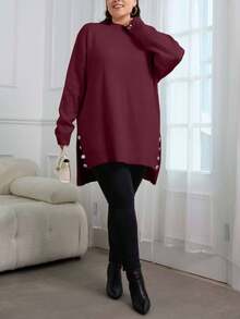 EURMUSE 大码纯色立领开摆休闲套头衫 - 酒紅色 - 查看 3