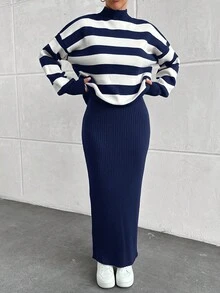 EURMUSE 2 件女式条纹立领毛衣 + 无袖毛衣连衣裙套装，秋冬 - 藏蓝色 - 查看 6