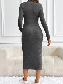 SHEIN 孕妇纯色立领修身优雅长袖连衣裙