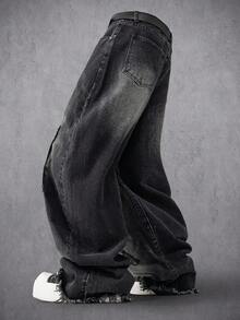 Manfinity Denimwave 复古美式个性化毛边高街刺绣水洗宽松筒状牛仔裤，百搭日常穿着设计男士宽松牛仔裤 - 黑色 - 查看 4