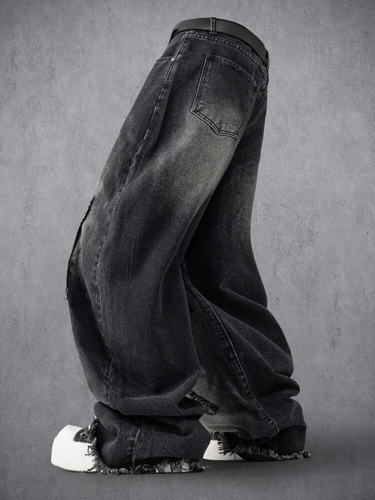 Manfinity Denimwave Jeans de pierna ancha con dobladillo deshilachado, bordado y lavado, estilo vintage americano personalizado para uso diario versátil, diseño holgado para hombres - Negro - Añade 4