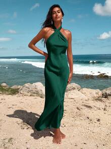 Opulessa 1 pièce Robe femme à col ras-du-cou tissée de couleur unie avec queue de poisson - Vert - Voir 6