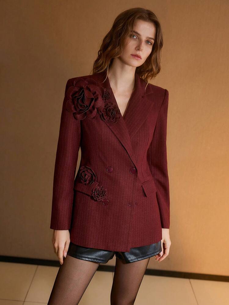 LAPEL COLLAR STRIPED 3D FLORAL DECOR BLAZER