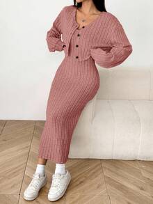 SHEIN EZwear 女式秋季新款罗纹针织落肩纽扣前襟夹克和修身中长连衣裙套装 - 藕粉色 - 查看 6