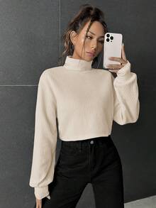 SHEIN EZwear SpringTurtleneck Drop Shoulder Ribbed Knit Lantern Sleeve Crop Tee Turtle Neck Top Ribbed Top High Neck Tops Winter Tops Crop Sweater Rib Knit Top Ribbed Knit Top - Beige - View 3