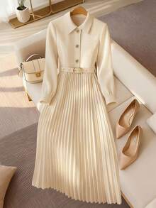 Franclia 杏色纽扣腰带褶皱喇叭裙 - 杏色 - 查看 5