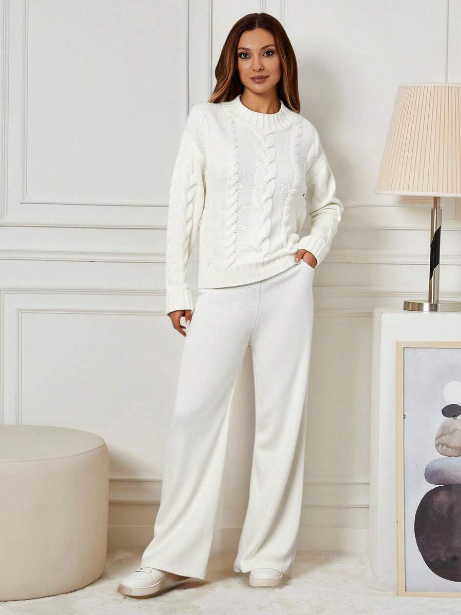 EURMUSE Women Round Neck Loose Fit Knit Sweater And Cozy Knit Sweater Pant 2pcs Set Co-Ords,Winter Clothes - Cream - View 1