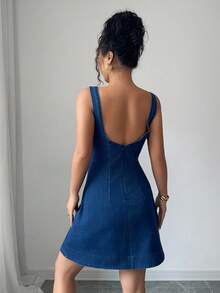 Siren Gaze 女式休闲无袖露背牛仔连衣裙，夏季 - 藍色 - 查看 2