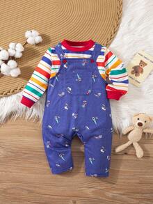 SHEIN Babygirl 牛仔夏季可爱条纹盖袖上衣和松紧腰短裤套装 - 藍色 - 查看 10