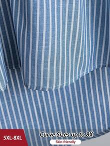 SHEIN CURVE+ 大码女式休闲经典法式复古条纹衬衫，时尚都市女性别致设计，百搭搭配衬衫、夹克，四季皆宜 - 藍白色 - 查看 6