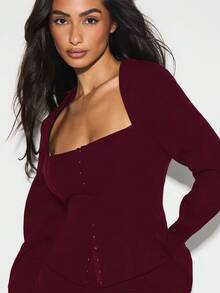 KIZN Long Sleeve Square Neck Button Front Corset Top Fitted Tailored Autumn Winter Holiday Party Special Occasion Evening Elegant Formal Wear - Burgundy - View 6