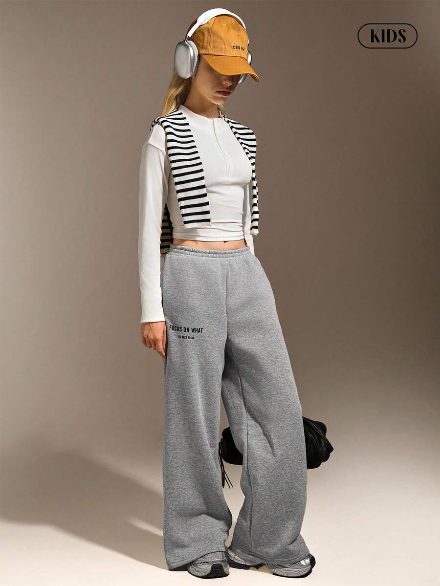 Hanevo Teenager Mädchen Lässige Streetstyle Basis Hose mit Buchstaben Muster in Grau meliert - Grau - Übersicht 1