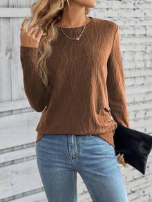 EMERY ROSE Áo thun cổ tròn tay dài màu trơn họa tiết dành cho nữ - màu nâu - Xem 6