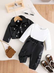 SHEIN 3pcs Baby Girl Fashionable Casual Solid Color Jacket And Pants Set, Spring/Autumn - Black - View 3