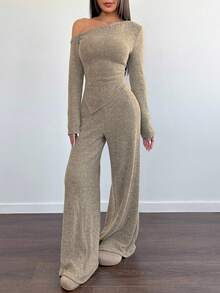 SHEIN Unity 女士不对称肩部毛绒T恤+阔腿低腰裤两件套，冬季休闲家居服 - 杏色 - 查看 6