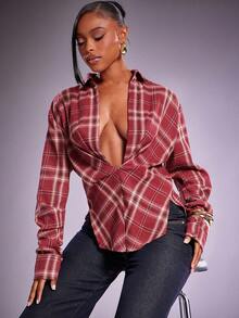 Denimoi Karierte Bluse mit verdrehter Vorderseite, tiefem Ausschnitt und langen Ärmeln - Bordeaux - Übersicht 3