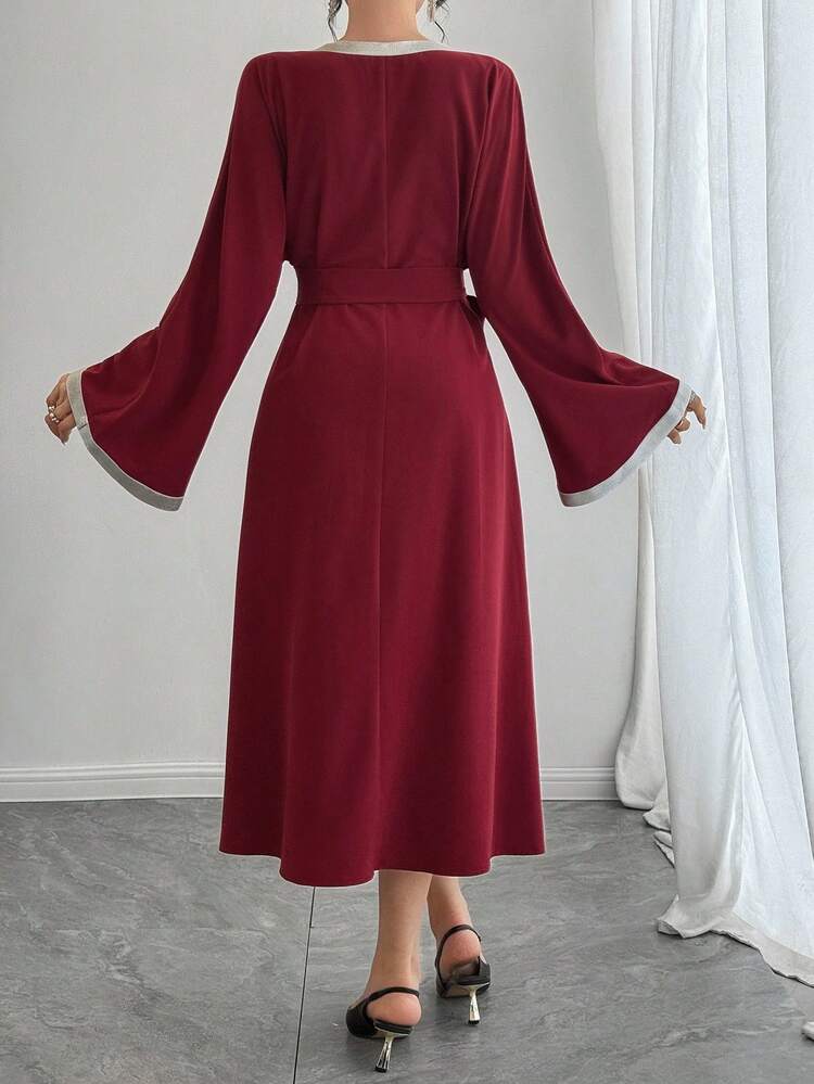 Women's Elegant Contrast Color Block Bell Sleeve Belted Shirt, Autumn Long Sleeve Top