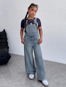 少女Y2K时尚休闲百搭纯色复古水洗背带裤休闲阔腿连体裤无袖牛仔背带裤（不含T恤），适合女孩春夏假期穿搭，夏季音乐会、锐舞派对、街头风宽松短裤穿搭，返校穿搭 - 中等水洗藍 - 查看 5