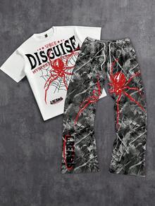 Manfinity Roghcode Men's Letter & Spider Print Loose Short Sleeve T-Shirt And Pants Set - Grey - View 1
