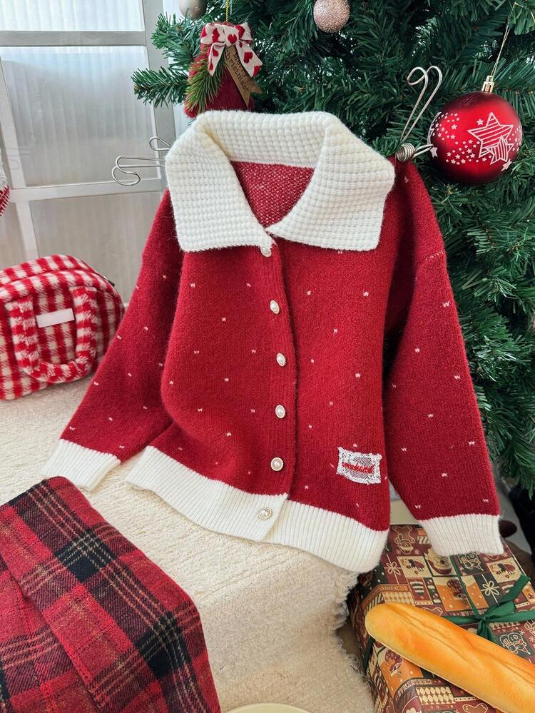 Young Girl Christmas Colorblock Button Front Cardigan,New Year