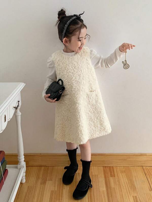 DAZY Girls Plain Apricot Polyester Sleeveless Dress With Round Neck And Zipper Detail For Winter