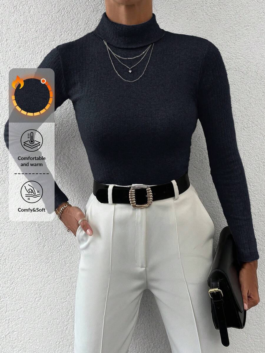 EURMUSE Women's Solid Color Turtleneck Long Sleeve Fitted Casual Pullover Sweater - Black - View 1
