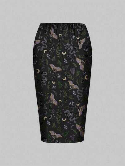 Goth Falda de mujer de talla grande con abertura alta, estampado de plantas, polillas, serpientes, lunas, estrellas y hojas, en estilo gótico, oscuro y misterioso Mori