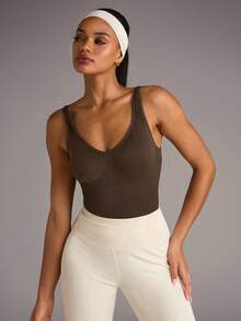 SHEIN BAE 无缝瑜伽高弹力紧身衣，内置胸垫 - 棕色 - 查看 5