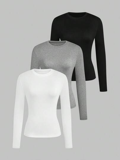 Sweetra Set de 3 camisetas de manga larga, cuello redondo, ajustadas y de cintura estrecha, multicolor, con efecto estilizante, adecuadas para otoño/invierno