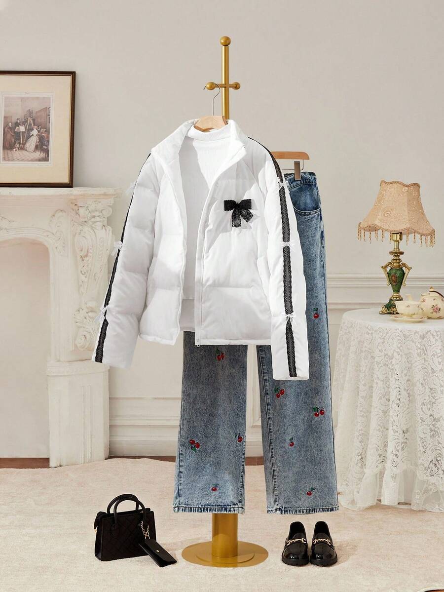 SHEIN MOD Plus Size Women's White Collar Side Bow Decor Padded Coat