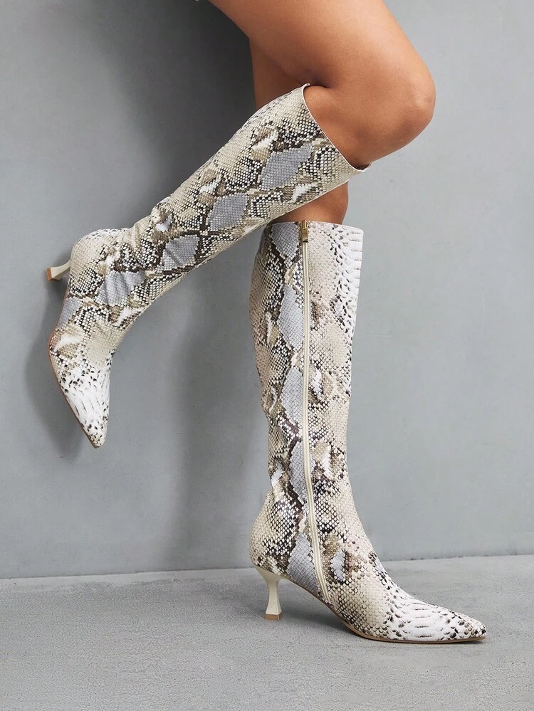 CUCCOO SZL Women's Fashion Pointed Toe Snakeskin Pattern Minimalist Elegant Versatile Side Zipper Stiletto Knee-High Boots For Christmas