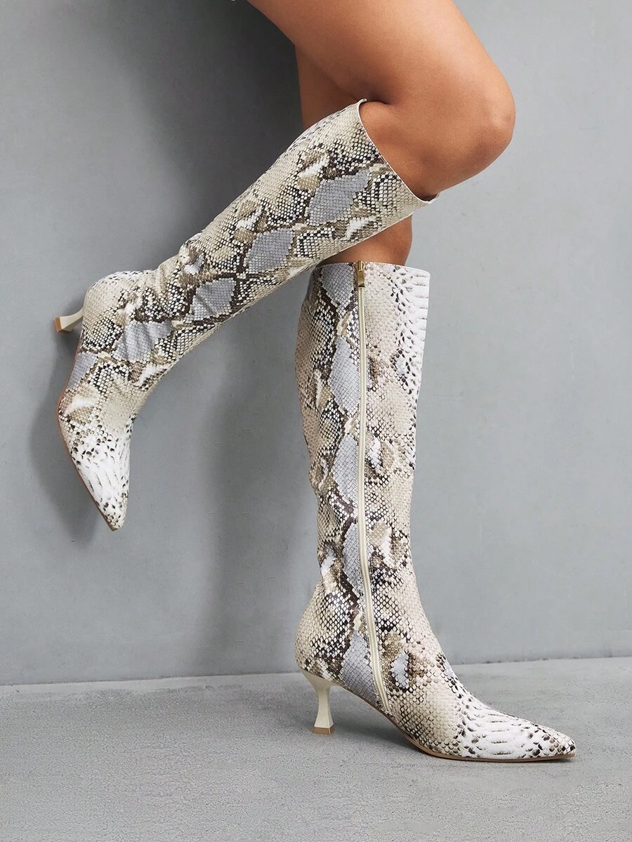 CUCCOO SZL 女士时尚尖头蛇皮图案简约优雅百搭侧拉链细高跟及膝靴 - 彩色 - 查看 1