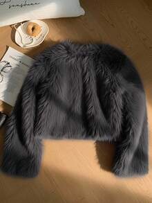 SHEIN Privé Plus Size Women Solid Color Loose Fit Faux Fur Collar-Less Long Sleeve Jacket, Winter